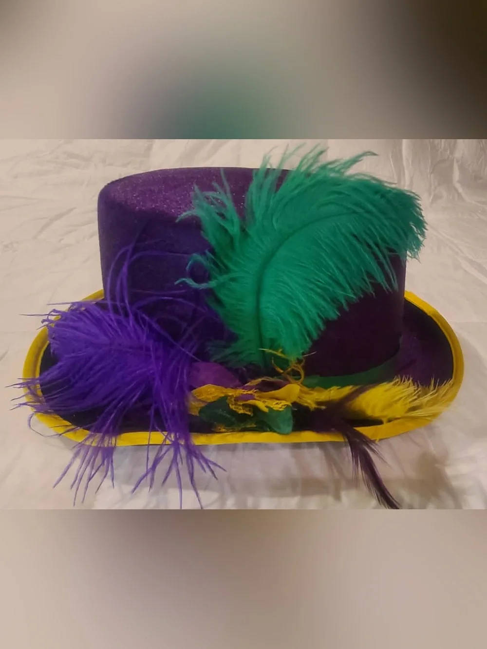 4 Purple Mardi Gras Feather Trim Top Hat with Green Band - Unbranded